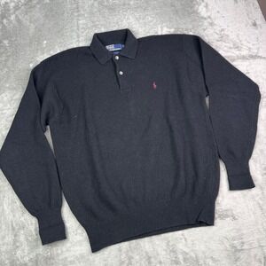 VTG Polo Ralph Lauren Sweater Mens XL Black 100% Lambs Wool Collared Long Sleeve